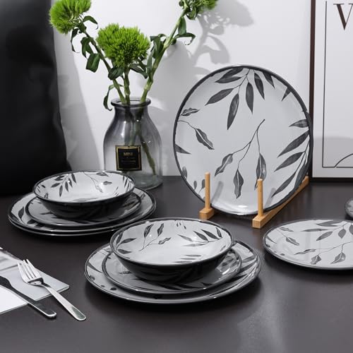 12pcs Dinnerware Set, Melamine Plates and Bowls Sets, Grey Leaves | Farmhouse Tableware Service for 4, Unbreakable Dinner Salad Dessert Plate, Cereal Bowl Set for Outdoor, Durable RV Dishes - color: Grey Leaves