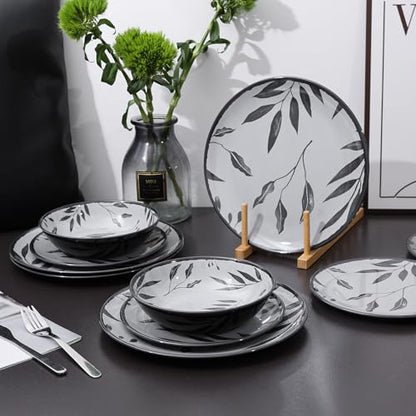 12pcs Dinnerware Set, Melamine Plates and Bowls Sets, Grey Leaves | Farmhouse Tableware Service for 4, Unbreakable Dinner Salad Dessert Plate, Cereal Bowl Set for Outdoor, Durable RV Dishes - color: Grey Leaves