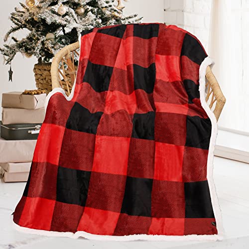 Red Black Plaid Sherpa Blanket, Buffalo Sherpa Throw Blanket, Reversible Super Soft Warm Comfy Fuzzy Snuggly Holiday Throws for Couch Sofa Cabin Decro - color: Checkered