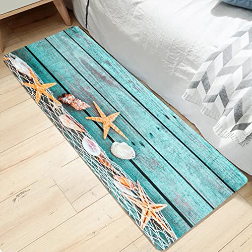 LYFANS Bath Rugs Sponge Foam Absorbent Soft for Bathroom and Kitchen (47x18 inches), Flannel Mat Non Slip Bright 3D Print for Bedside and Living Room(Starfish on Blue Wooden Board) - color: Starfish on Blue Wooden Board 5, size: 47X18 inches