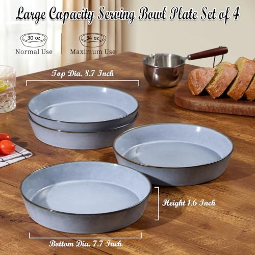 E-far Pasta Bowls, 34oz Stoneware Bowl Plate for Dinner Serving Soup Salad, Wide & Shallow Large Ceramic Pasta Plate Set of 4, Microwave & Dishwasher Safe, Reactive Glaze with Rim, Ocean Blue - color: Ocean Blue