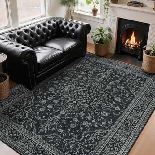 8x10 Washable Area Rugs for Living Room,Bedroom,Dining Room- Black White | Ultra Soft Low Pile Faux Wool,Non-Slip & Non-Shedding,Stain Resistant,Large Vintage Floral Distressed Carpet for Home Office - color: Black-white, size: 8' x 10' (Rectangular)