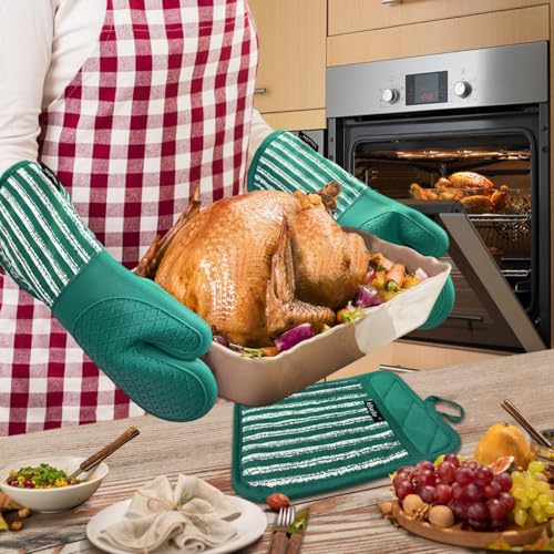 Alselo Silicone Oven Mitts Heat Resistant 932℉ with Waterproof & Non-Slip | Kitchen Mittens Set of 2,Extra Long 7.5"x15" Gloves with Soft Cotton Terry Lining for Baking Cooking BBQ (Emerald Green,2) - color: Emerald Green