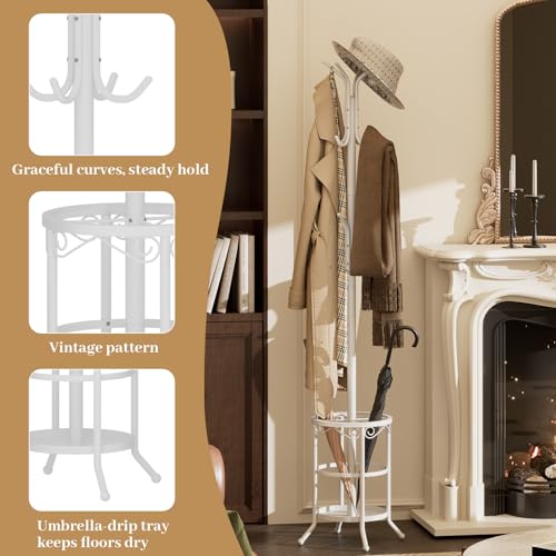 Coat Rack Freestanding with Umbrella Holder – Metal Hanger Stand, Hall Tree with 12 Hooks, Entryway Organizer for Hats, Bags, and Clothes (White) - color: White
