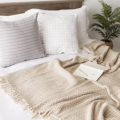 DII Modern Zig Zag Throw Blanket Woven Cotton, Hand-Knotted 2.5" Fringe, 50x60, Stone - color: Stone, size: 50x60"