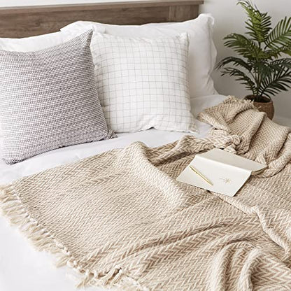 DII Modern Zig Zag Throw Blanket Woven Cotton, Hand-Knotted 2.5" Fringe, 50x60, Stone - color: Stone, size: 50x60"