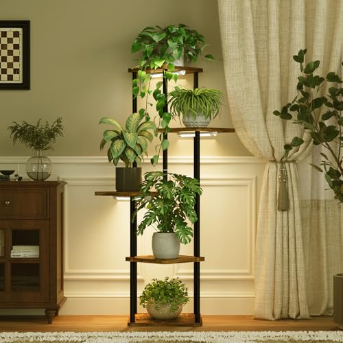 Bamworld Tall Plant Stand Indoor with Grow Light Corner Plant Shelf | 5 Tier Plant Shelf with Grow Lights for Plants Living Room Bedroom Patio Garden Balcony Decor - color: Brown Oak plus, size: 5 Tier