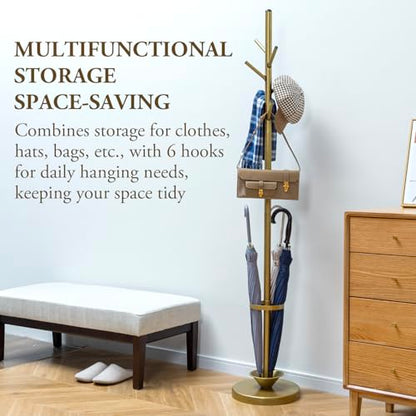 MyGift Freestanding Coat Rack, Modern Brass Tone Metal Hat Organizer Tree and Umbrella Holder Stand with 6 Hanger Hooks for Hanging Clothes Purse Bag Jacket - color: Brass