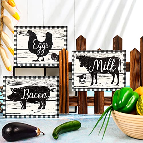 Jetec 3 Pieces Wooden Farmhouse Wall Decor Cow Pig Chicken Kitchen Signs Rustic Black and White Buffalo Plaid Wall Art Farm Animal Plaque for Kitchen Home Decor, 7.9 x 5.9 Inch - size: 7.9 x 5.9 Inch