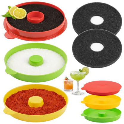 TonJin 3-Tier Margarita Salt Rimmer Set with 2 Sponges: Red Yellow Green Stackable Cocktail Glass Rimmer Holds Lime Juice Salt Sugar, Dishwasher Safe Bar Accessories for Bartenders and Home Bars - size: Stackable Salt Rimmer-RedYellowGreen