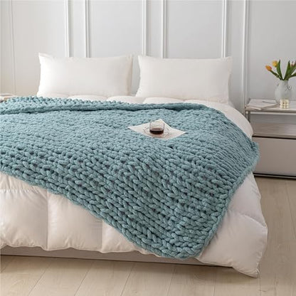 Chunky Knit Blanket Throw for Couch 50"×60" Turquoise | 100% Handmade Knitted Throw Blanket Fluffy Soft Blanket with Jumbo Chenille Yarn Thick - color: Turquoise, size: 50"*60"