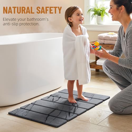 Luxspire Stone Bath Mat, Stone Shower mat Foldable 24x16, Marble Gray | Quick & fast drying diatomaceous earth, Non-slip rubber base, Easy-clean surface for bathroom floor & outside shower - color: E-marble Gray