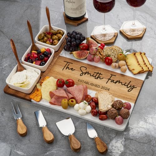 AWESOMETIK Luxury Personalized Acacia Wood & Marble Cheese Board – Custom Engraved Charcuterie Board with Knife Set – Bridal Shower & Housewarming Gift