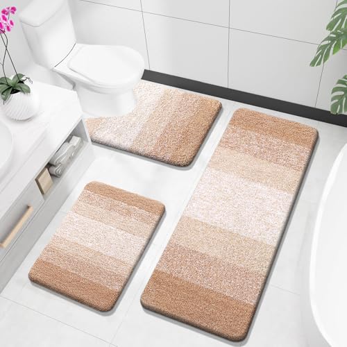 OLANLY Microfiber Bathroom Rugs Sets 3 Piece, 47"x20"+24"x16"+24"x20" | Beige, Soft Absorbent Bath Mats and U-Shaped Contour Toilet Rug, Plush Shaggy Bath Mat Set for Bathroom - color: Beige, size: 47" X 20" + 24" X 16" + U24" X 20"