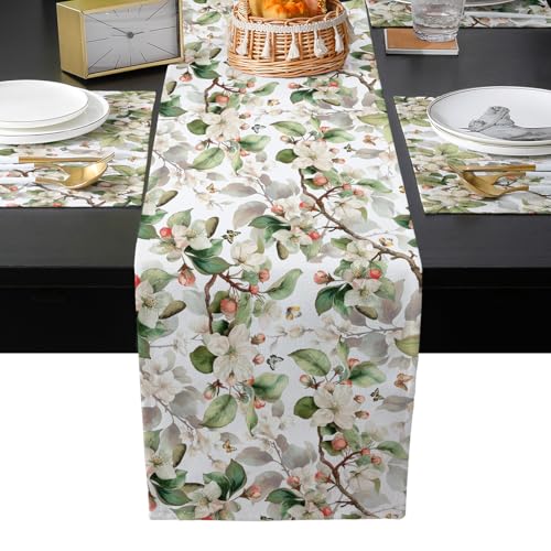 Table Runner and Placemats Set of 4 White Floral Leaves Decorative Dining Table Runner with Matching Placemats Butterfly Tree Branches Table Decor for Kitchen Dining Room and Everyday Use 13x90in - size: 13"x90"+4pcs