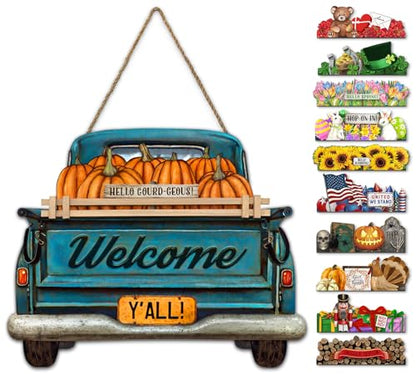 Interchangeable Welcome Sign for Front Door Blue Farmhouse Truck Decor Hanging Sign with 11 Interchangeable Seasonal and Holiday Decor Signs 12x14 in. (Blue Farmhouse Truck) - style: Farmhouse