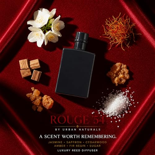 Reed Diffuser Set, Rouge 54 - Bathroom Shelf Décor | Saffron, Jasmine, Amber and Woods, 5 Ounce Sleek Modern Black Rectangular Glass Bottle, Made in the USA - color: Rouge '54