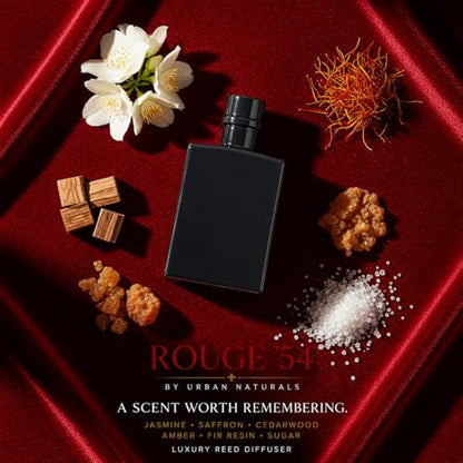 Reed Diffuser Set, Rouge 54 - Bathroom Shelf Décor | Saffron, Jasmine, Amber and Woods, 5 Ounce Sleek Modern Black Rectangular Glass Bottle, Made in the USA - color: Rouge '54