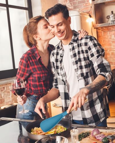 Multifunction Spoon for Nonstick Cookwares, Great for Cooking and Serving, Sturdy BPA-Free Matte Silicone, Wood Handle spoonula for Mixing, Scoop, and Scrape, Turquoise(2 pack,11.4" & 13.4") - color: TURQ