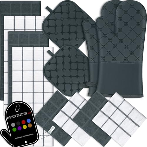 Oven Mitts Kitchen Towels Dishcloths with Pot Holders Sets 12PCS,Dish Towels Sets,Oven Gloves Pot Pads Heat Resistant 500 Degrees with Non-Slip Silicone Surface for Cooking Baking Grilling-Deep Green - color: Deep Green