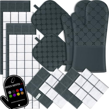 Oven Mitts Kitchen Towels Dishcloths with Pot Holders Sets 12PCS,Dish Towels Sets,Oven Gloves Pot Pads Heat Resistant 500 Degrees with Non-Slip Silicone Surface for Cooking Baking Grilling-Deep Green - color: Deep Green