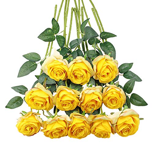 Tifuly 12Pcs Roses Realistic Long Stem Fake Silk Artificial Flowers Yellow | Realistic Long Stem Fake Silk Roses Bouquet for Party Home Wedding Centerpiece Office DIY Decor - color: Yellow