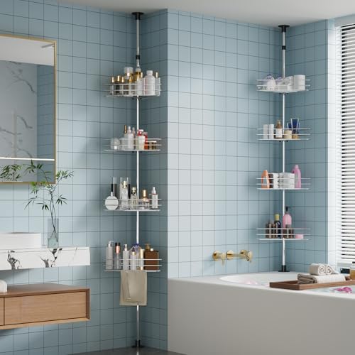 Garvee Corner Shower Caddy Tension Pole, 76 in-110 in Adjustable Bathroom Organizer Shelves, 4-Tier Rustproof Bathroom Shelves with Built-In Towel Bars to Space-Saving, Silver | Adjustable Bathroom Shelf Organizer, Rust-Resistant Floor to Ceiling Storage