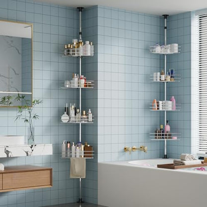 Garvee Corner Shower Caddy Tension Pole, 76 in-110 in Adjustable Bathroom Organizer Shelves, 4-Tier Rustproof Bathroom Shelves with Built-In Towel Bars to Space-Saving, Silver | Adjustable Bathroom Shelf Organizer, Rust-Resistant Floor to Ceiling Storage