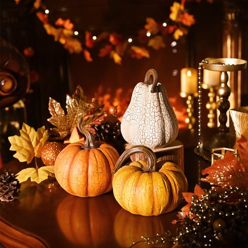 Valery Madelyn Fall Pumpkin Table Decor Cracked Pumpkin Figurine Fall Decoration for Home, 3pcs Resin Autumn Harvest Thanksgiving Halloween Party Tabletop Centerpieces, 6.7 inch - size: Large