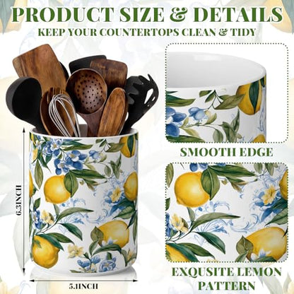 Lemon Ceramic Utensil Holder 6.3 Inch Rustic Kitchen Crock Summer Lemon Floral Design Countertop Storage Organizer for Spatula and Spoon Home Cooking Unique Gift Idea - style: Lemon