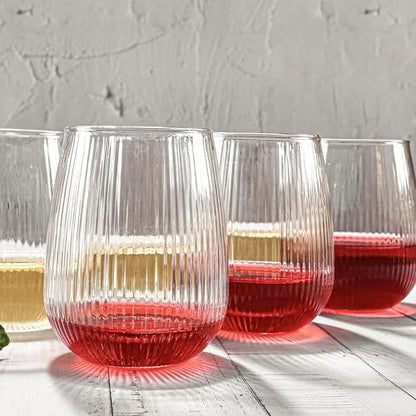 UMEIED Stemless Wine Glasses Set of 12, 17 oz Red White Wine Glasses | Clear Glassware Set for Red/White Wine Dishwasher Safe, Ideal for Daily Use Home Bar Birthdays Housewarming (Strip Texture) - color: Strip Texture