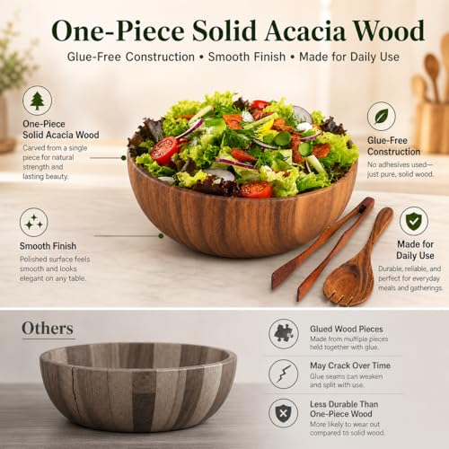 Acacia Wood Salad Bowl Set with Serving Utensils, 9 Inch Wooden Serving Bowl with Salad Fork and Tongs, One-Piece Glue-Free Crack Resistant Bowl for Salad, Fruit, Pasta and Snacks