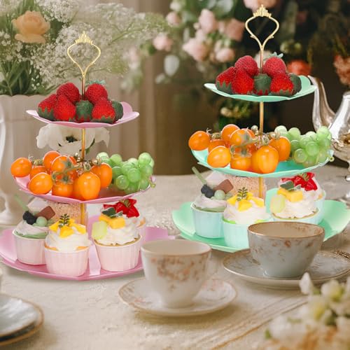 6 Pcs 3 Tier Cupcake Stand Tea Party Trays 3 Tier Serving Tray Plastic Dessert Stand Cake Fruit Candy Display Tower for Wedding Birthday Tea Party (Sakura,White,Pink,Green) - color: White,pink,green, size: 14.5 inches (37 cm) H x 9.4 inches (24 cm) W