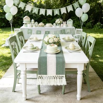 72" Sage Green Table Runner, Boho Woven Cotton with Tassels, Wedding - color: Sage Green, size: 72 inches