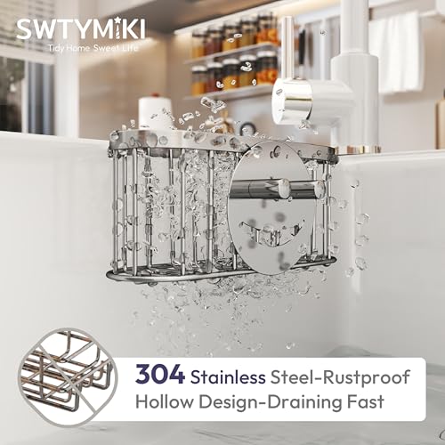 SWTYMIKI Sponge Holder for Kitchen Sink - Movable Sink Caddy with Smiley Face Sponge Holder, Rustproof Hanging Sponge Organizer in Double Bowl Sinks Depth>3.15in, Middle Divider<1.5in, Silver - color: Silver-smiley Sponge Holder