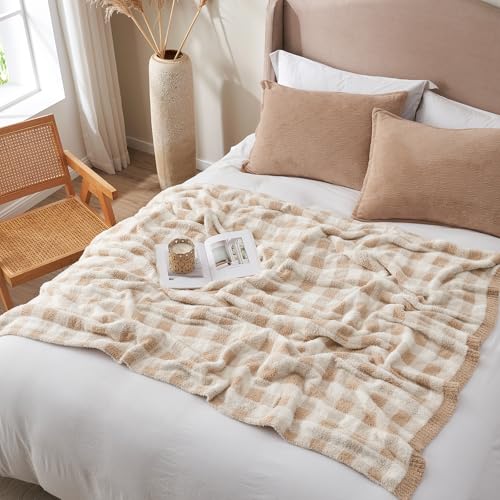 Snuggle Sac Queen Size Checkered Bedding Blanket Beige, Super Soft Warm Cozy Bed Blankets Oversized Fuzzy Plush Blankets for Bed, Bedroom, Plaid Beige, 90x90 inches - color: Plaid Beige, size: Queen(90"x 90")