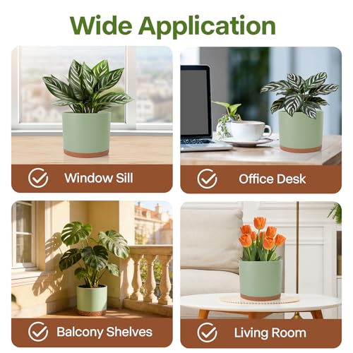 3 Pack Cylinder Planter Set 10/9/8 Inch White Indoor Plant Pots | Modern flower pots with drainage holes and saucers. For outdoor garden, succulent, nursery, and house plants. - color: Green-brown