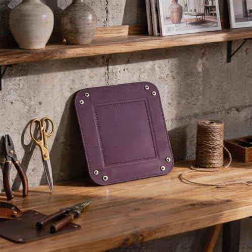 Valet Tray Desktop Storage Organizer – Vegan Leather Catchall Tray Bedside Vanity Tray Nightstand Caddy Holder for Remote Controller, Watch, Keys, Phone, Wallet, Coin, Jewelry, Purple - color: Purple
