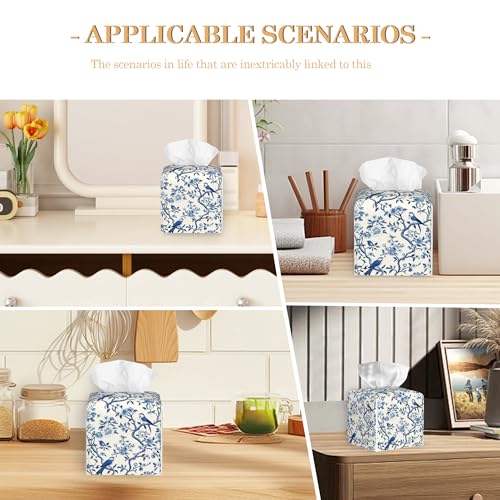 Blue Flowers Tissue Box Cover, Birds Tissue Box Holder Waterproof Leather Facial Paper Organizer Dispenser for Bathroom Home Car Nightstand Vanity - color: Blue Flowers Birds