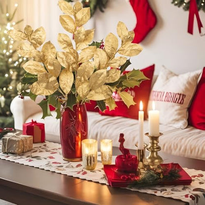 Briful Gold Magnolia Leaves Branches, 3 Pack 28.7in Faux Magnolia Leaves Stems Artificial Christmas Greenery Branches for Xmas Home Vase Floral Arrangement - color: Glitter Gold