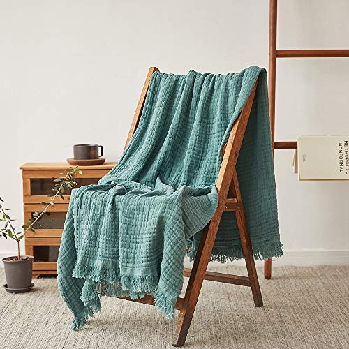 Simple&Opulence Cotton Muslin Throw Blanket for Bed, Couch, Knit Woven Gauze Blanket with Tassels, Soft Lightweight Cozy Pre-Washed Breathable Farmhouse Decoration for All-Season (Dark Green) - color: Dark Green