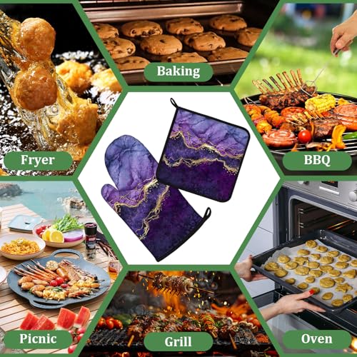 Purple Gold Marble Oven Mitts and Pot Holders Sets 4 Pcs Silicone Kitchen Gloves Heat Resistant Potholders for Baking Grilling BBQ - color: Purple Marble
