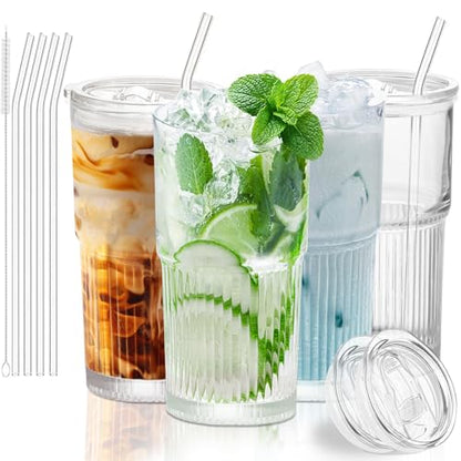 Luiaiog 18.5oz Glass Cups with Lids and Straws - Set of 4 Reusable Tumblers, Thickened Shatter-Resistant Glass, Ideal for Iced Coffee, Smoothies, Cocktails, Juices - Elegant & Durable Drinkware - color: Clear 4pcs 18.5oz