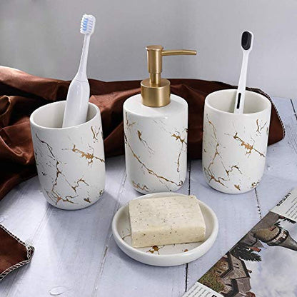 Cream Bathroom Accessories Set Complete, 4 Pcs Ceramic Bathroom Decorations Accessories Sets Includes Lotion Dispenser, 2 Tumblers and Soap Dish for Bath Decor, Countertop Vanity Organize