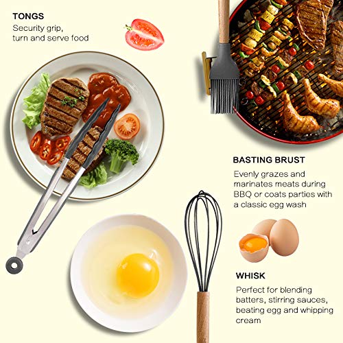 MIBOTE Silicone Cooking Kitchen Utensils Set, 17 Pcs, Wooden Handle, Grey | BPA-Free, Non-Toxic Silicone Turner, Tongs, Spatula, Spoon Set – Great for Nonstick Cookware, Heat-Resistant, Easy Clean - color: Gray
