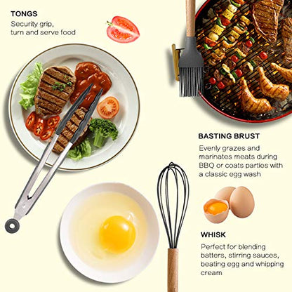 MIBOTE Silicone Cooking Kitchen Utensils Set, 17 Pcs, Wooden Handle, Grey | BPA-Free, Non-Toxic Silicone Turner, Tongs, Spatula, Spoon Set – Great for Nonstick Cookware, Heat-Resistant, Easy Clean - color: Gray