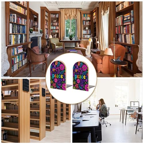 Colorful Flowers Peace Signs Abstract Wooden Bookends Shelves 2 PCS Sturdy Book Holders Desktop Organizer for Home Office Libraries