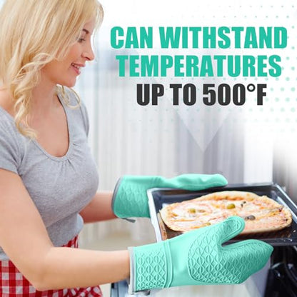Silicone Oven Mitts, Heat Resistant 2PCS Oven Mitts with Soft Cotton Lining, Waterproof Non-Slip Grip Oven Glove, Kitchen Potholder Mits for BBQ, Baking, Cooking, 12.5 Inch - Green - color: Green