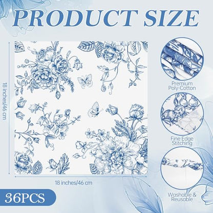 Kochorie 36 Pieces Blue Floral Cloth Napkins, 18 x 18 Inch Reusable Soft Fabric Napkins, Washable Flower Dinner Cocktail Napkin for Spring Summer Tea Party Holiday Home Kitchen Wedding Restaurant - color: Blue