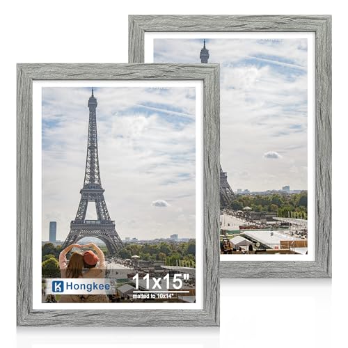 Hongkee 11x15 Picture Frame Set of 2, Made of Real Glass and Grey Wooden Frame - Display Pictures 10x14 with Mat or 11x15 Without Mat, 11 by 15 Photo for Wall or Tabletop - color: Grey, size: 11X15 in